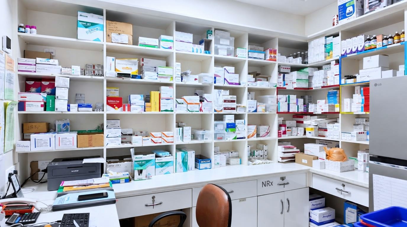 Inside the pharmacy — Mangalam Hospital, Kalyanpur, Kanpur